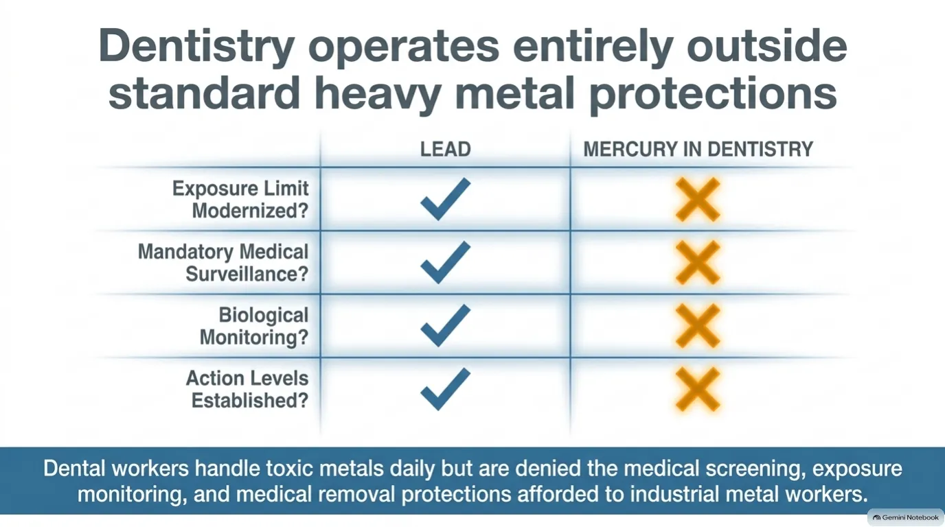 Dentistry operates entirely outside standard heavy metal protections