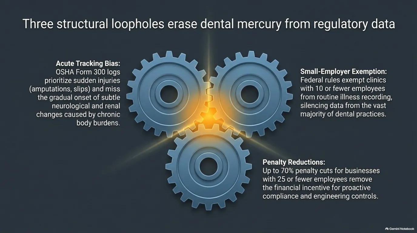 Three structural loopholes erase dental mercury from regulatory data
