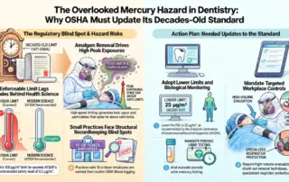 Infographic titled The Overlooked Mercury Hazard in Dentistry: Why OSHA Must Update Its Decades-Old Standard, comparing the 1971 OSHA mercury limit of 100 µg/m³ with the ATSDR-recommended 0.3 µg/m³ and outlining an action plan to lower the PEL to the ACGIH TLV of 25 µg/m³, mandate periodic urine mercury testing, and require high-volume evacuation, chunk-out removal, and specialized respirator protection.