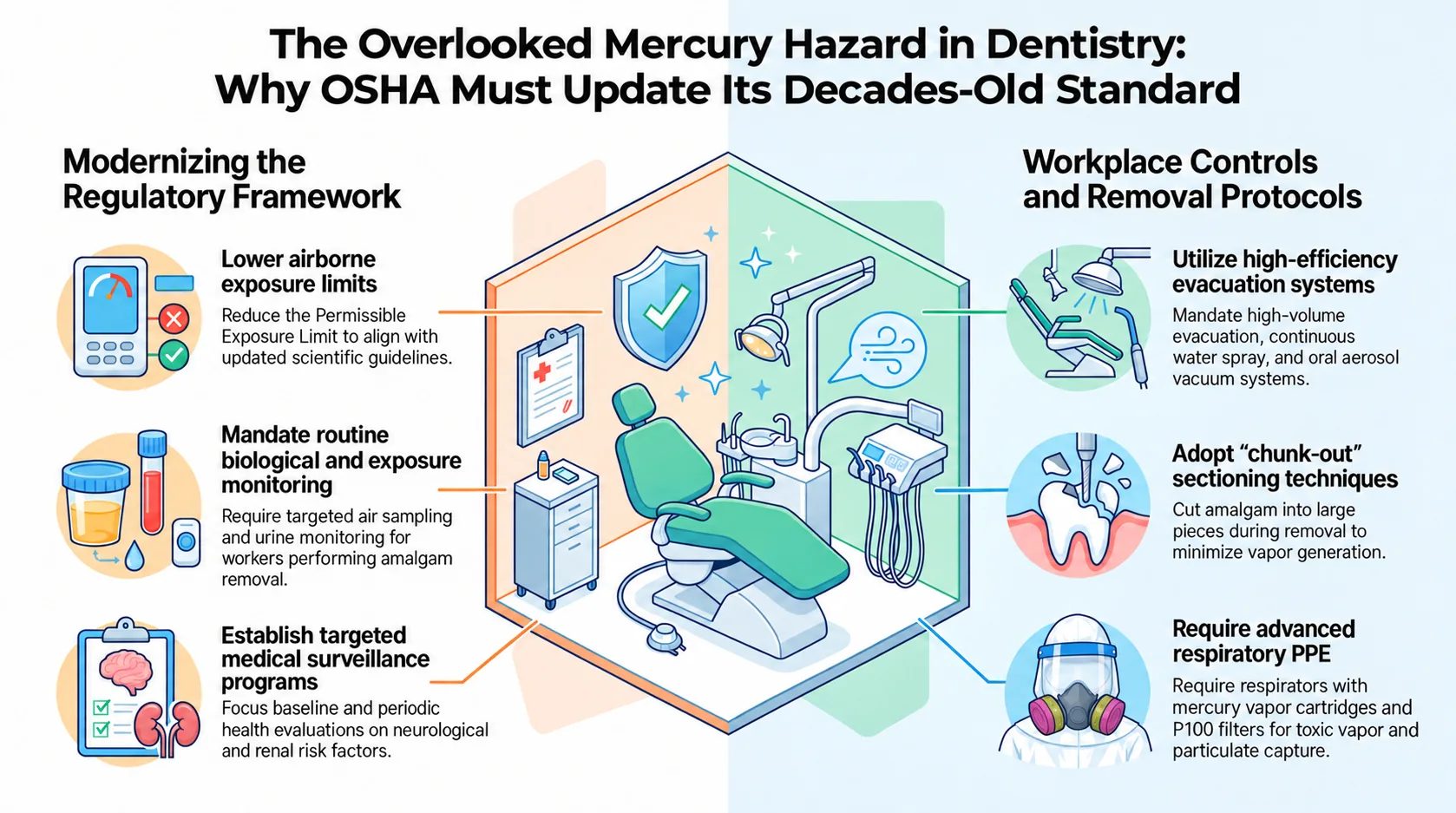 Infographic of a dental operatory showing proposals to modernize the regulatory framework (lower exposure limits, biological and exposure monitoring, medical surveillance) and workplace removal controls (high-volume evacuation, chunk-out sectioning, respirators with mercury vapor cartridges and P100 filters).