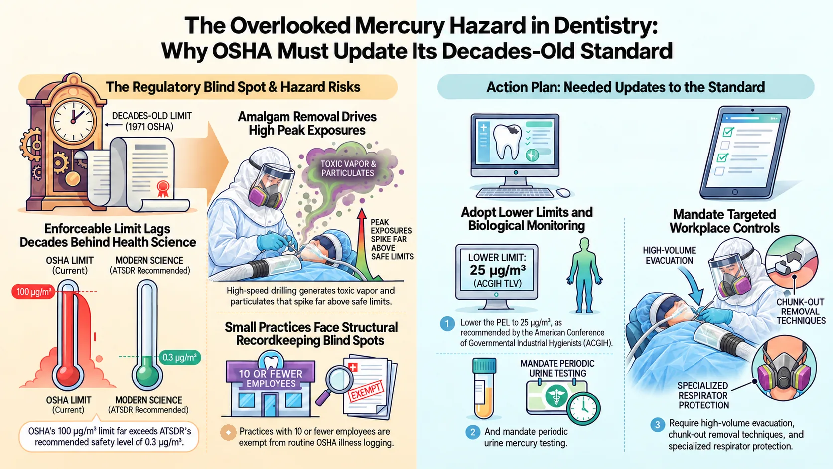 Infographic on why OSHA must update its decades-old mercury standard: the 1971 OSHA limit of 100 µg/m³ versus the ATSDR-recommended 0.3 µg/m³, high peak vapor and particulate exposures during amalgam removal, small-practice recordkeeping exemptions, and an action plan to lower the PEL to the ACGIH TLV of 25 µg/m³, mandate periodic urine mercury testing, and require high-volume evacuation, chunk-out removal, and specialized respirator protection.